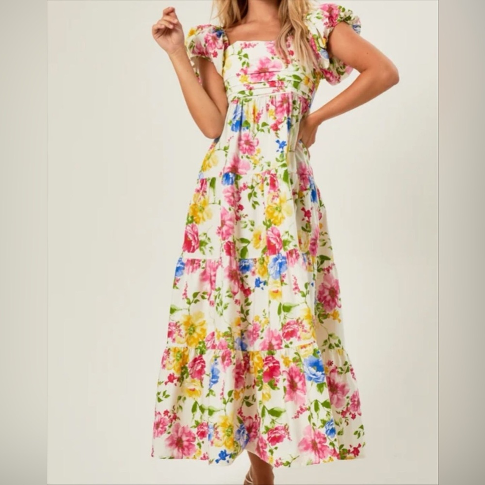 Altar’d State Floral Tiered Maxi Dress — Pink, Yellow & Blue Flowers